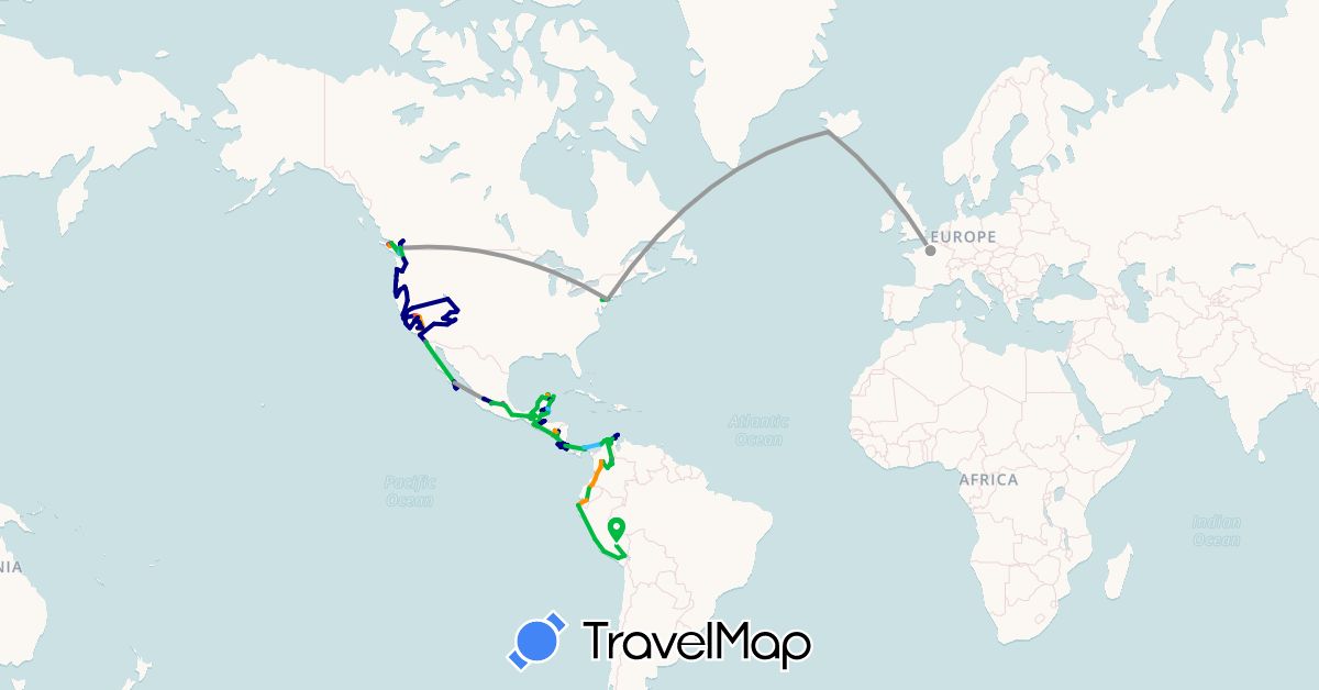 TravelMap itinerary: driving, bus, plane, cycling, train, hiking, boat, hitchhiking, motorbike in Belize, Canada, Colombia, Costa Rica, Ecuador, France, Guatemala, Iceland, Mexico, Nicaragua, Panama, Peru, United States (Europe, North America, South America)
